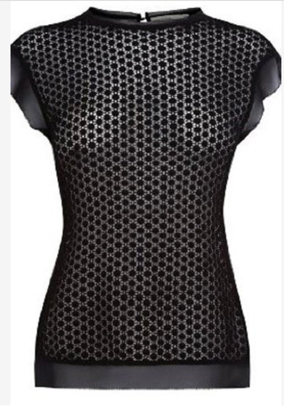 Karen Millen Margarida Black Lace Blouse Size 2 Cutwork Cap Sleeve High Neck EUC